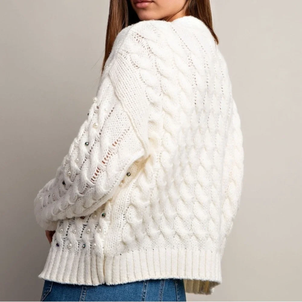 eesome • Ivory Chunky Knit Embellished Cardigan